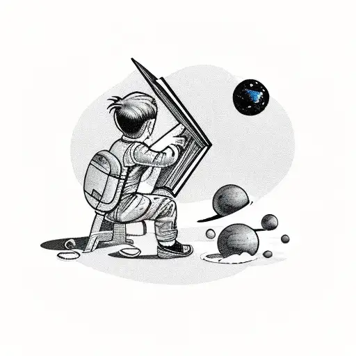 Boy reading a book with a glass of whiskey and space with rockets and planets tattoo design idea
