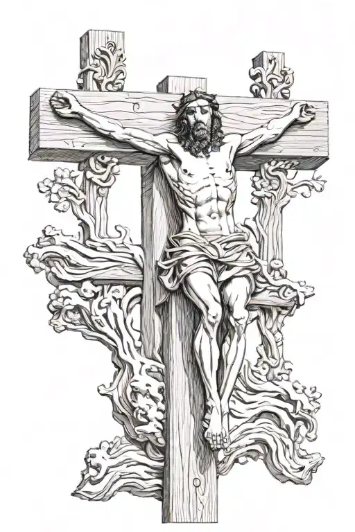 full length Jesus crucified on the cross dead with INRI above his head on a wooden plaque tattoo design idea