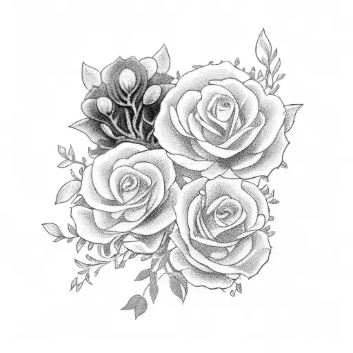 A tattoo of a black and grey illustration of Feyre and Rhysand surrounded by blooming flowers tattoo design idea