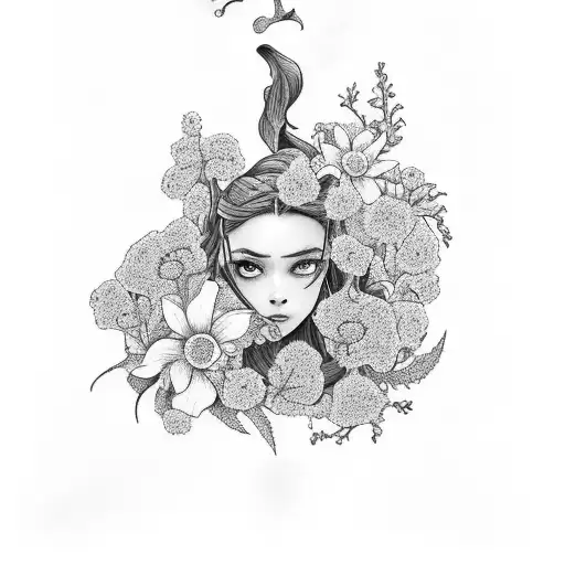 A tattoo of a black and grey illustration of Feyre and Rhysand surrounded by blooming flowers tattoo design idea