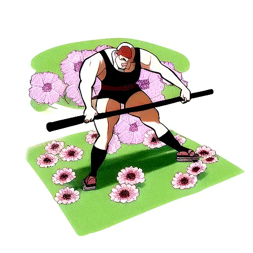 A powerlifter performing a deadlift with a background of Japanese flowers tattoo design idea