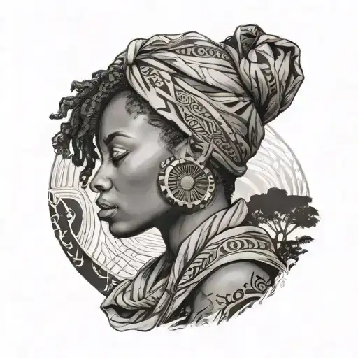 a side-profile of a black woman wearing a scarf and embedded in the continent of Africa tattoo design idea