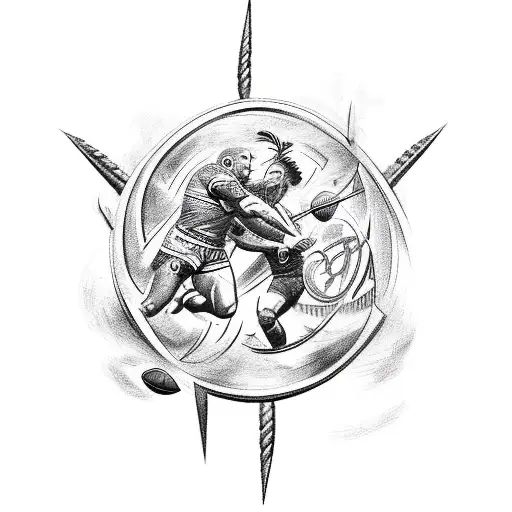 An intricate tattoo depicting a rugby match between Roman and Greek warriors, with lightning bolts striking the field from the sky, symbolizing the power and strength of both civilizations. tattoo design idea