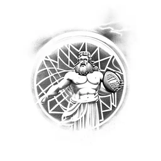 A powerful depiction of Zeus, the king of the Greek gods, holding a rugby ball in one hand and a lightning bolt in the other, with the ancient city of Rome in the background. tattoo design idea