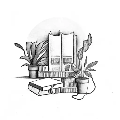 Library shelves filled with books and potted plants tattoo design idea