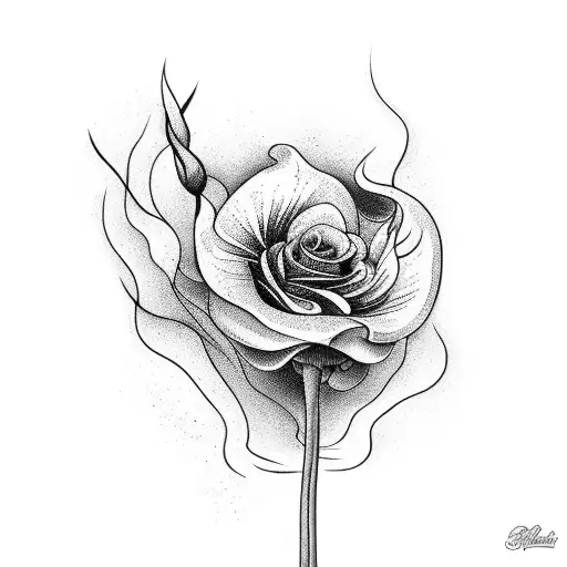 A surrealistic blackwork tattoo of a burning snowdrop and rose flowers intertwined with abstract art elements tattoo design idea
