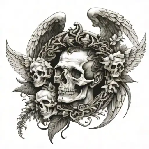 Cronus with wings holing Caesar skull adorned with wreath tattoo design idea