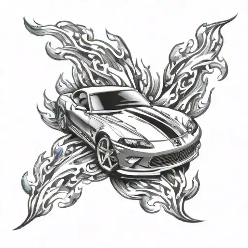 A sleek and stylish tattoo design of a sports car with flames shooting out of the exhaust pipes, symbolizing your passion for cars and motorcycles tattoo design idea
