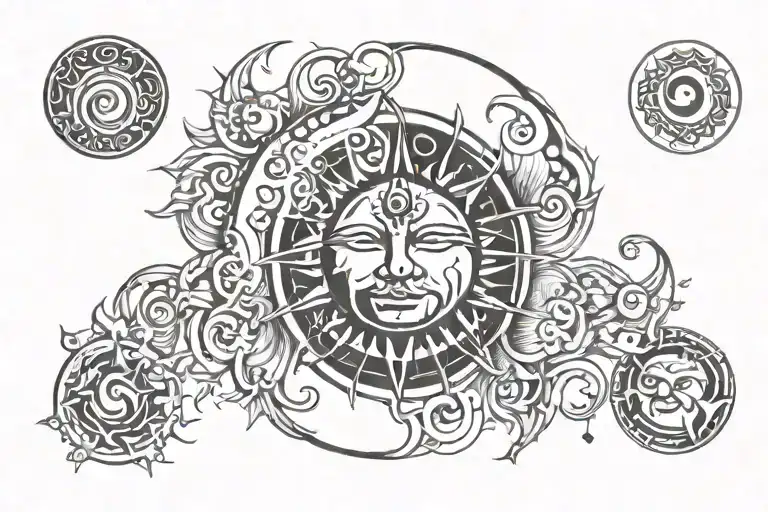 sun and moon with om in center representing tattoo design idea