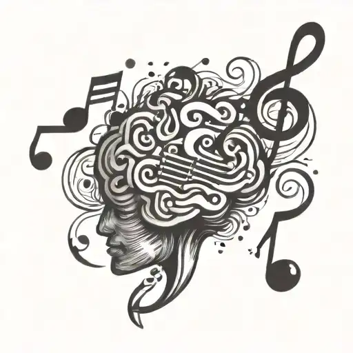 Music notes swirling around a brain with ADHD symbol tattoo design idea