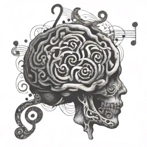 Music notes swirling around a brain with ADHD symbol tattoo design idea
