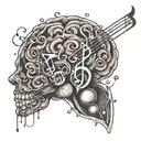Music notes swirling around a brain with ADHD symbol tattoo design idea