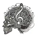 Music notes swirling around a brain with ADHD symbol tattoo design idea