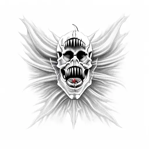 Scary demon skull  with fangs with mouth open.  tattoo design idea