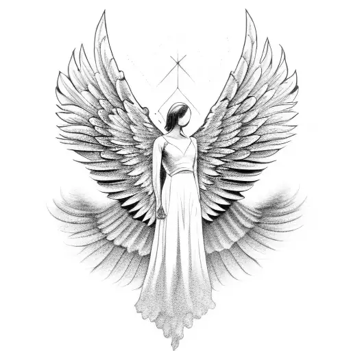 A majestic angel standing on a cloud with intricate wings tattoo design idea