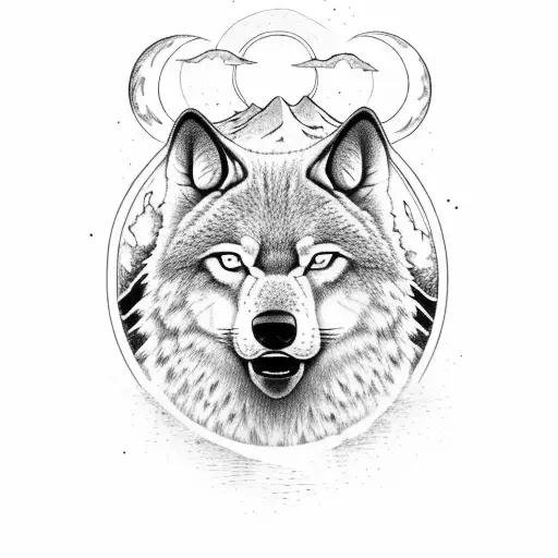 Bosque con cabeza de lobo y de fondo un lobo auyandole a la luna llena en un peñasco tattoo design idea