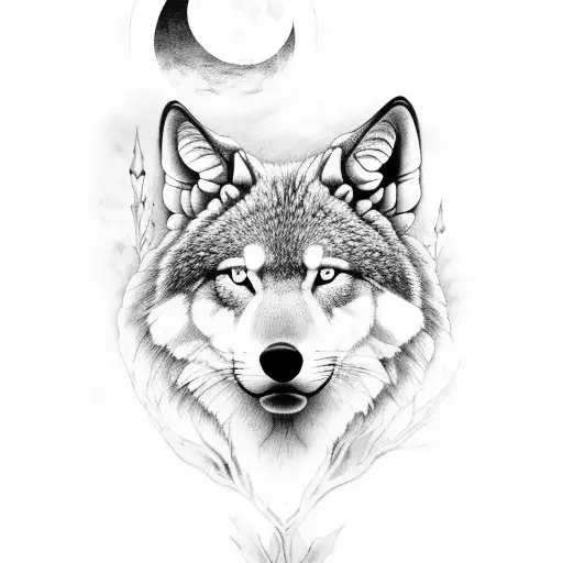Bosque con cabeza de lobo y de fondo un lobo auyandole a la luna llena tattoo design idea