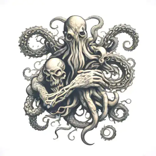 Lofcraftian like tattoo with two hands who reach for each other and a monster with tentacles in the middle. tattoo design idea