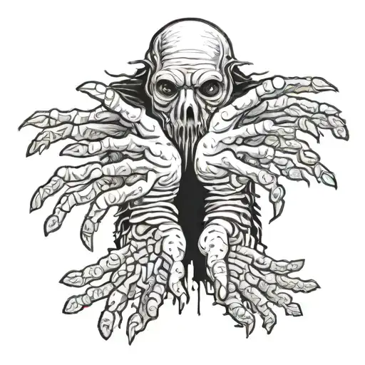 2 hands left and right, cuthulu in the middle, lovecraft art tattoo design idea