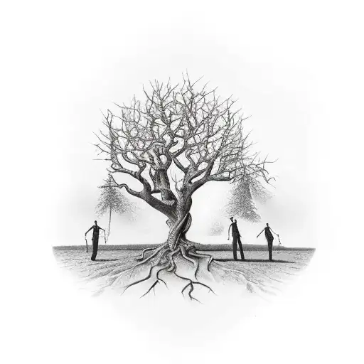 Tree in the backround with a hangman killing a pope tattoo design idea