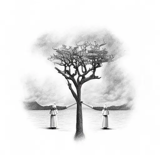 Tree in the backround with a hangman killing a pope tattoo design idea