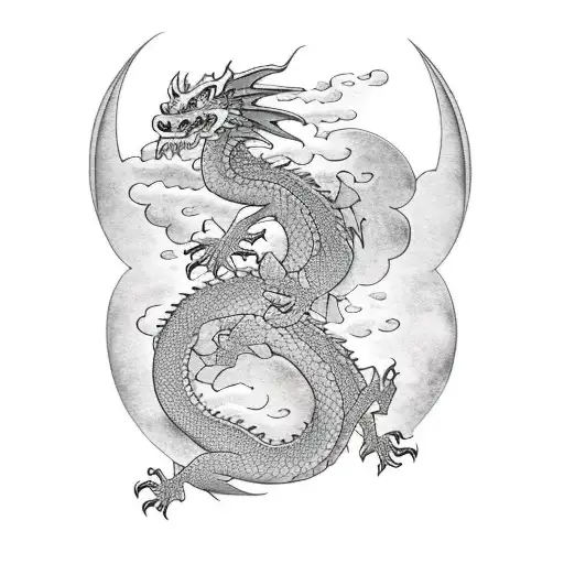 dragon with clouds and flower tattoo design idea
