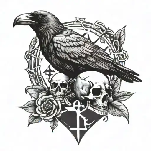 Open crow with runes and skull head tattoo design idea