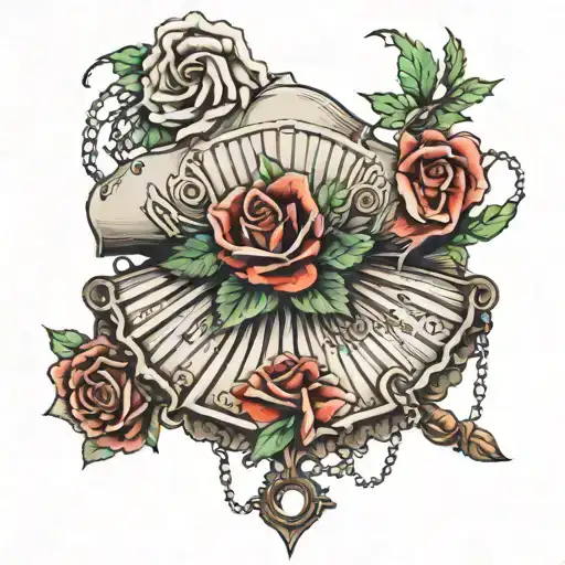 Scallop shell, then a rose which is tied up with chains or nots tattoo design idea