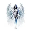 half angel half demon male full body statue with sky background tattoo design idea