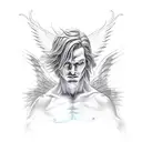 half angel half demon male full body statue with sky background tattoo design idea