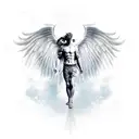half angel half demon male full body statue with sky background tattoo design idea