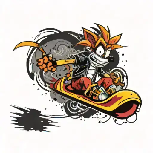Crash Bandicoot riding a magic carpet tattoo design idea