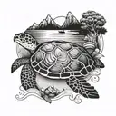 sea turtle swimming, mountains and trees on its shell tattoo design idea