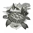 sea turtle swimming, mountains and trees on its shell tattoo design idea