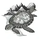 sea turtle swimming, mountains and trees on its shell tattoo design idea
