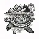 sea turtle swimming, mountains and trees on its shell tattoo design idea