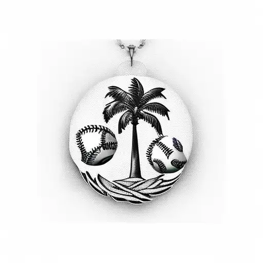 Black and white tattoo containing Palm trees, baseball, praying hands, beaded necklace with a cross, many roses  tattoo design idea