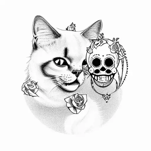 Anna Nicole Smith holding a black cat, with sugar skull face, wear a pink floral corset and stockings tattoo design idea