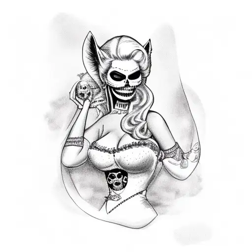 Anna Nicole smith, in corset with stockings and sugar skull face, holding black cat tattoo design idea