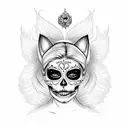 Anna Nicole Smith holding a black cat, with sugar skull face, wear a pink floral corset and stockings tattoo design idea