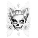 Anna Nicole Smith holding a black cat, with sugar skull face, wear a pink floral corset and stockings tattoo design idea