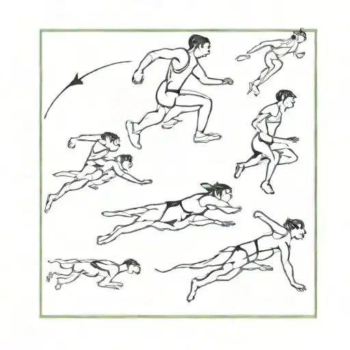 create a minimalistic tattoo that shows the long jump progression: running, jumping, in the air, and landing tattoo design idea