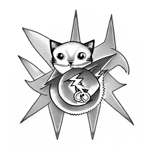 A skeletal cat riding a bicycle with lightning bolts in the background. Bicycle chain in background with shape of heart tattoo design idea