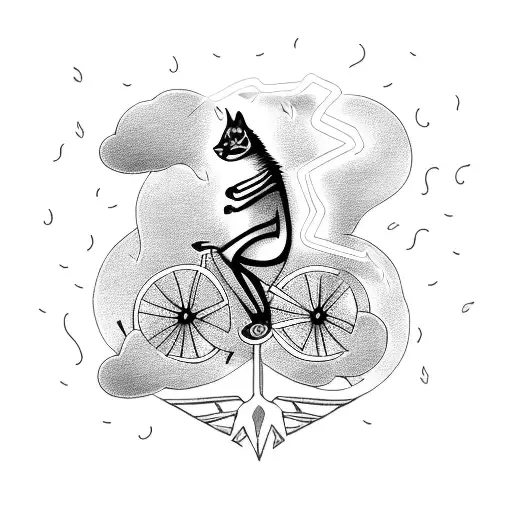 A skeletal cat riding a bicycle with lightning bolts in the background. Bicycle chain in background with shape of heart tattoo design idea