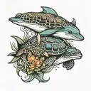 dolphin and turtle swimming tattoo design idea