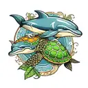 dolphin and turtle swimming tattoo design idea