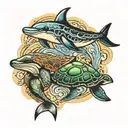 dolphin and turtle swimming tattoo design idea