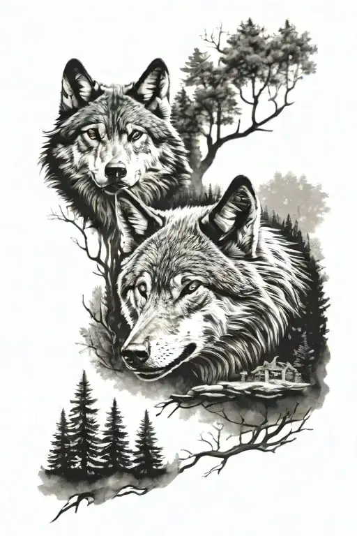 evil wolf in a forest tattoo design idea