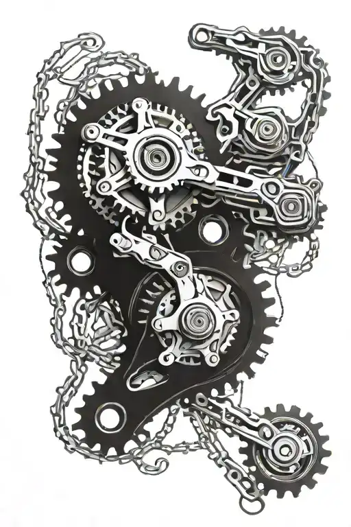 foot ripped open and you look into a drivetrain of bikechains and cassettes etc tattoo design idea