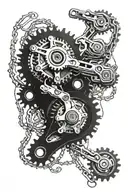 foot ripped open and you look into a drivetrain of bikechains and cassettes etc tattoo design idea